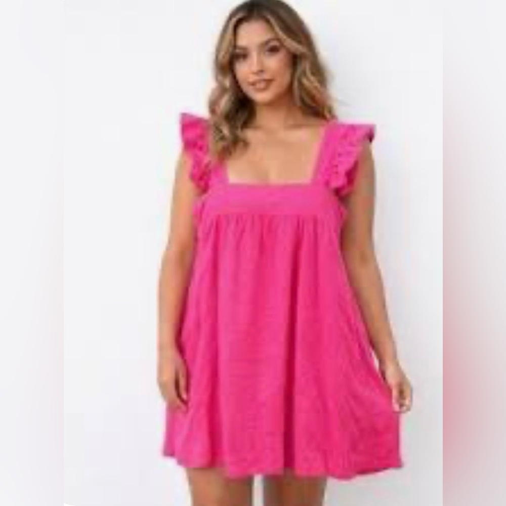 Tuckernuck Pomander Place Dress Medium Linen Blend Flutter Sleeve Ruffled Pink